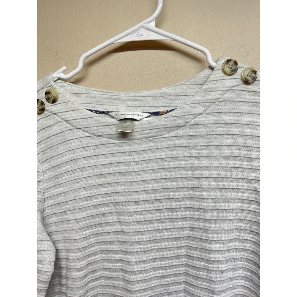 Christopher &Banks striped long sleeve button shoulder women medium gray sweater